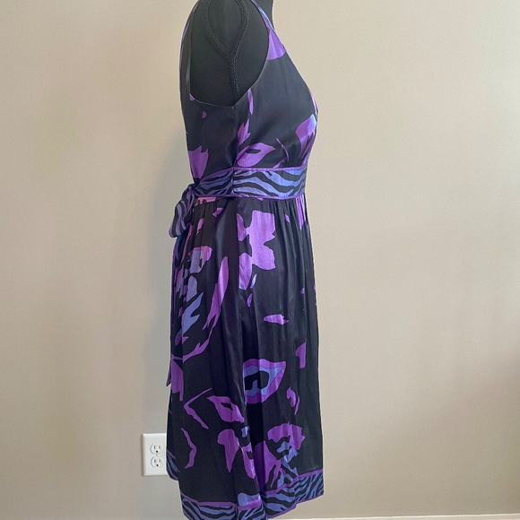 ECI | Floral Black Purple Silk Blend V-Neck Dress 8 - Picture 4 of 8